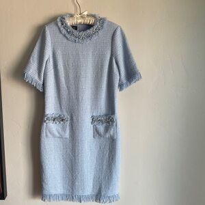 Teri Jon by Rickie Freeman | Blue Beaded Fringe Tweed Dress